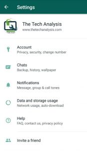 Menu in setting option of WhatsApp