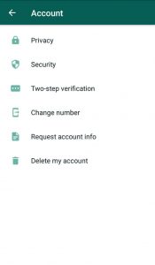 Account menu options of WhatsApp