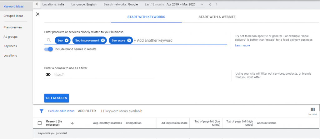 Searching Keywords in  Google Keyword Planner