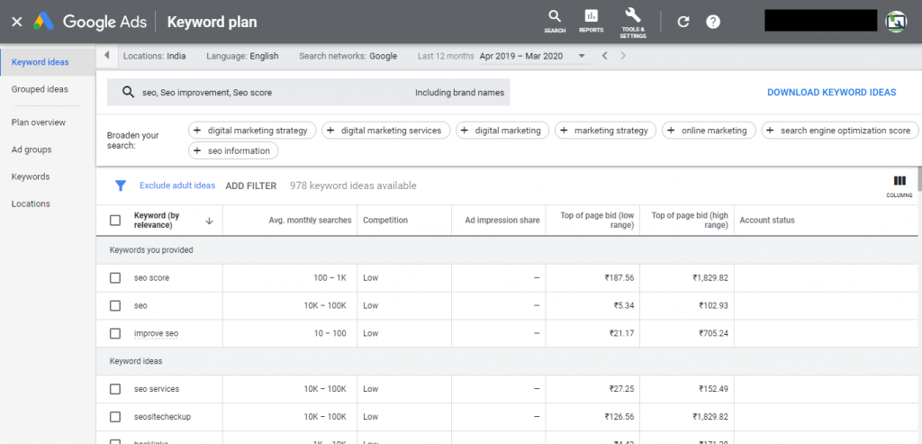 Keywords idea and Monthly traffic -  Google Keyword Planner